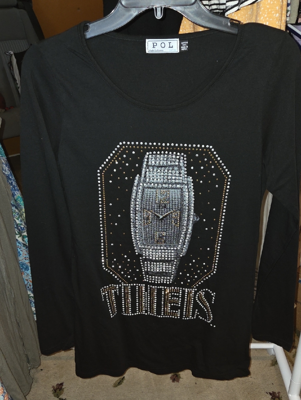 POL Black Long Sleeve Rhinestone Watch Graphic Tee